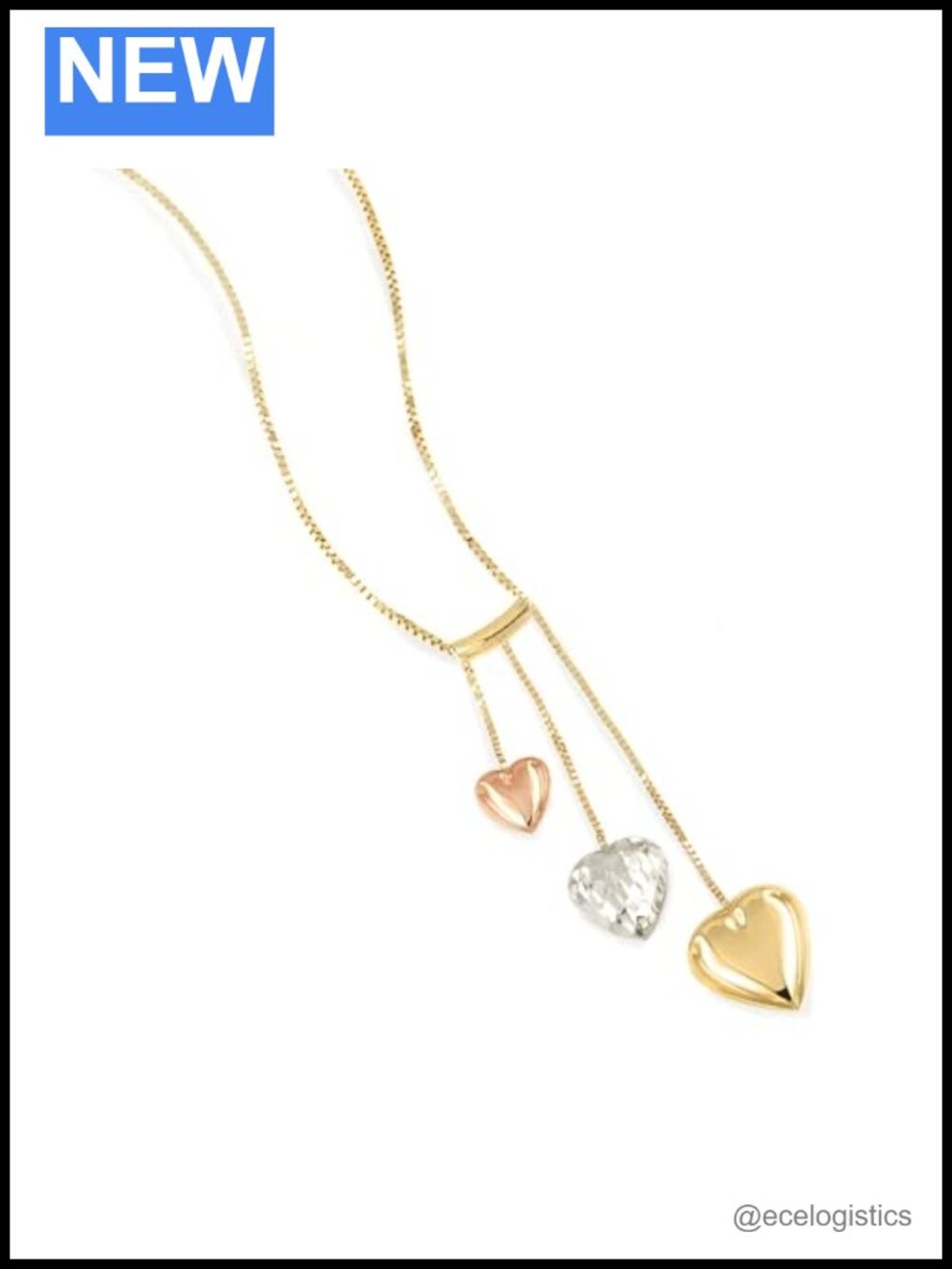 14k Tri-Gold 3 Puffed Family Hearts Pendant Necklace